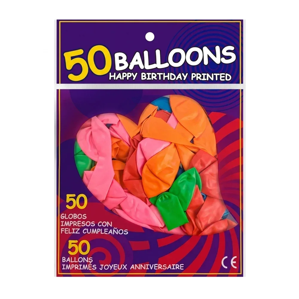 Paquete con 50 mini globos de latex en tonos metálicos / happy birthday printed
