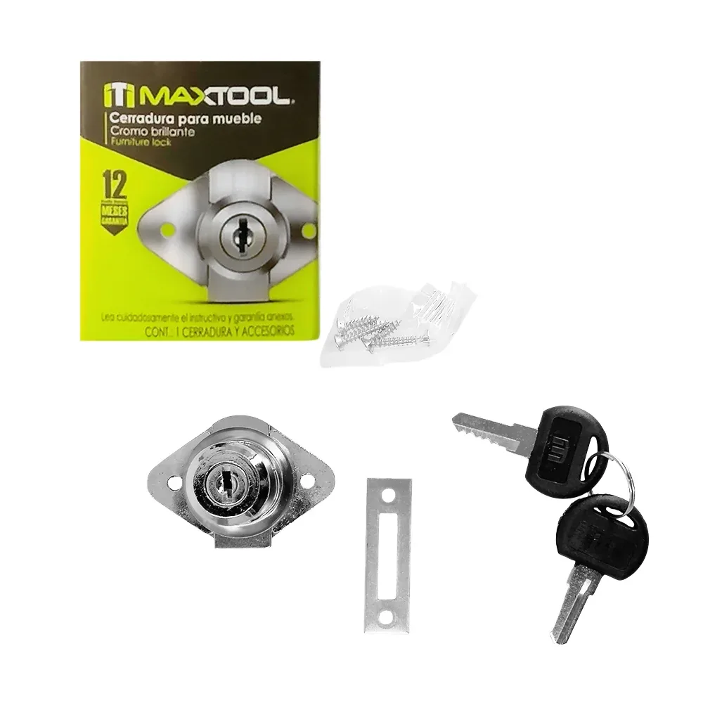 Cerradura maxtool de cromo brillante para mueble con accesorios y juego de 2 llaves / 303602