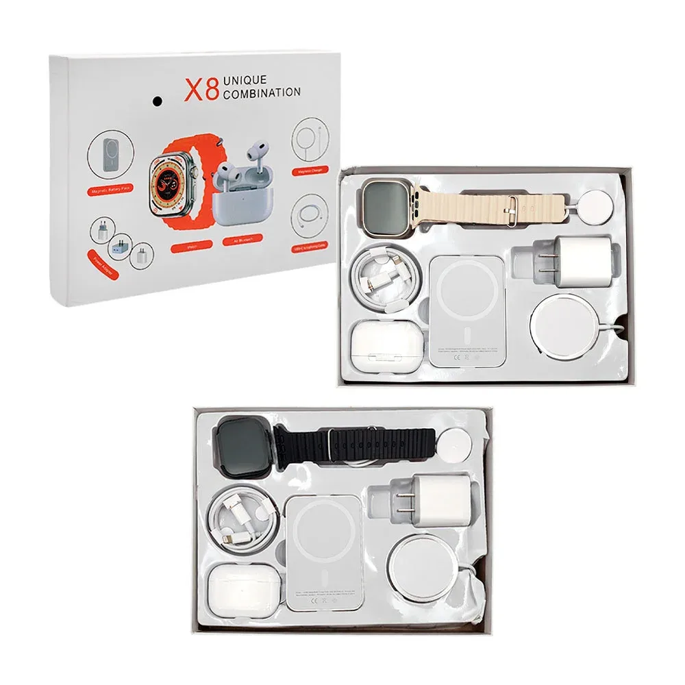 Kit de smart watch con pila, cubo, audífonos, cable y cargador magentico