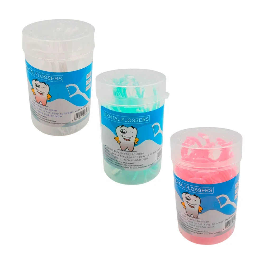 Bote transparente con 30 palillos de hilo dental, variedad de colores / dental flossers / 065238