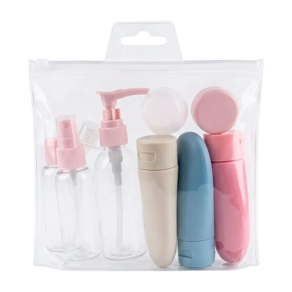 Set para viaje, 6 botellas dispensadoras, 2 mini frascos + embudo y palita