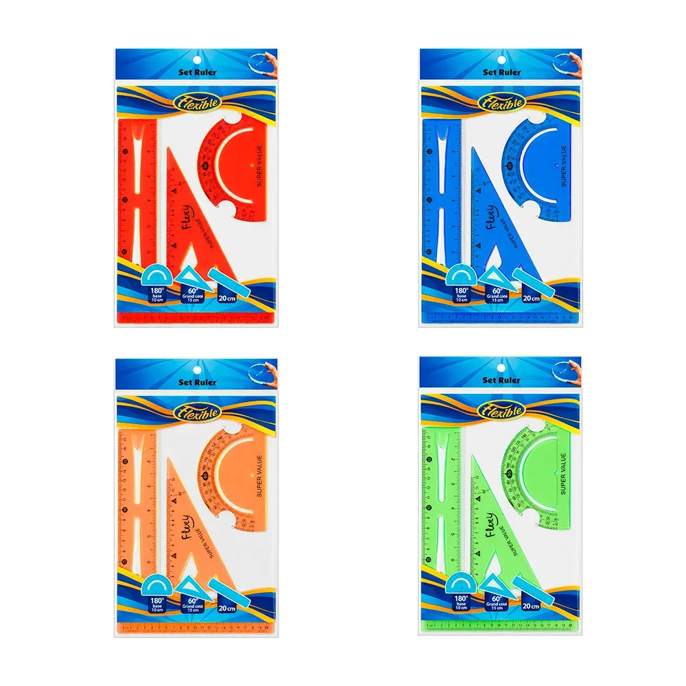 Juego de geometría flexible de 3 piezas, con regla de 20cm, variedad de colores