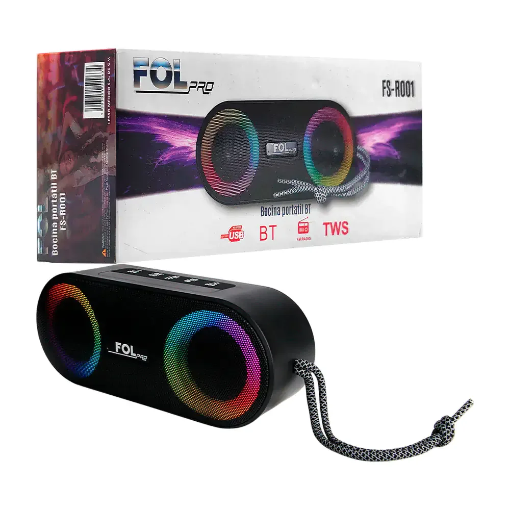 Bocina inalámbrica rectangular fol pro con luz rgb y radio fm + correa / fs-r001