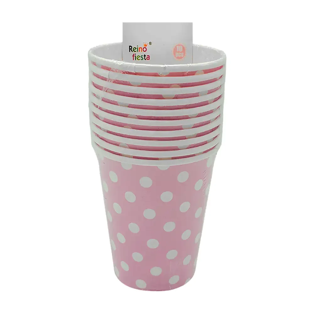 Paquete con 10 vasos de papel reino fiesta, color rosa con lunares blancos, 9oz