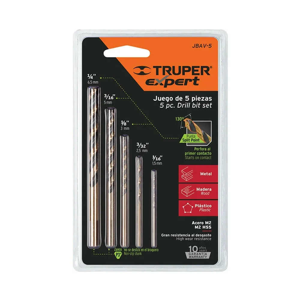 Juego con 5 brocas truper expert de acero m2 para alta resistencia / 11394