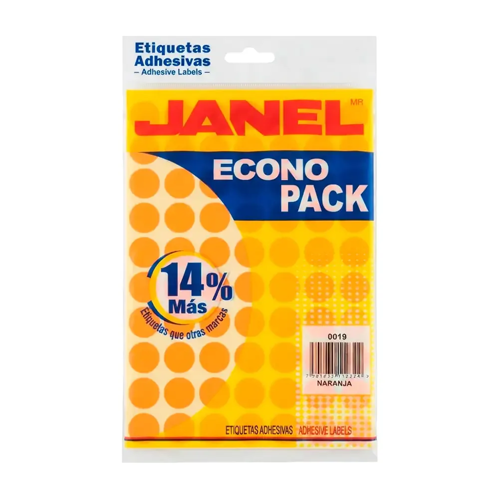 Paquete con 560 etiquetas janel redondas no.28 en color naranja / 3679 / 0019