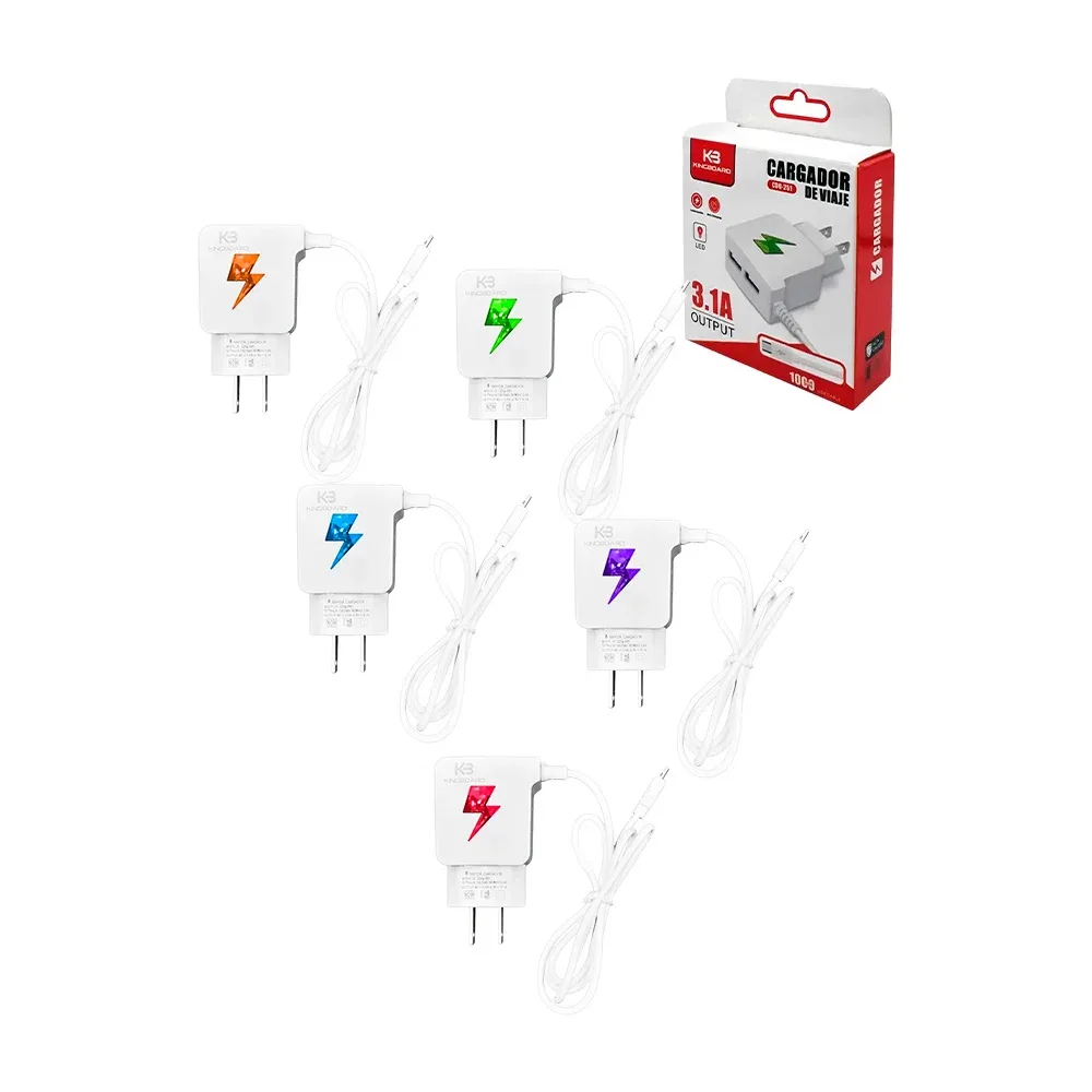 Cargador de una pieza con salida v8, 2 entradas usb e iluminacion led, variedad de colores / cdq-251