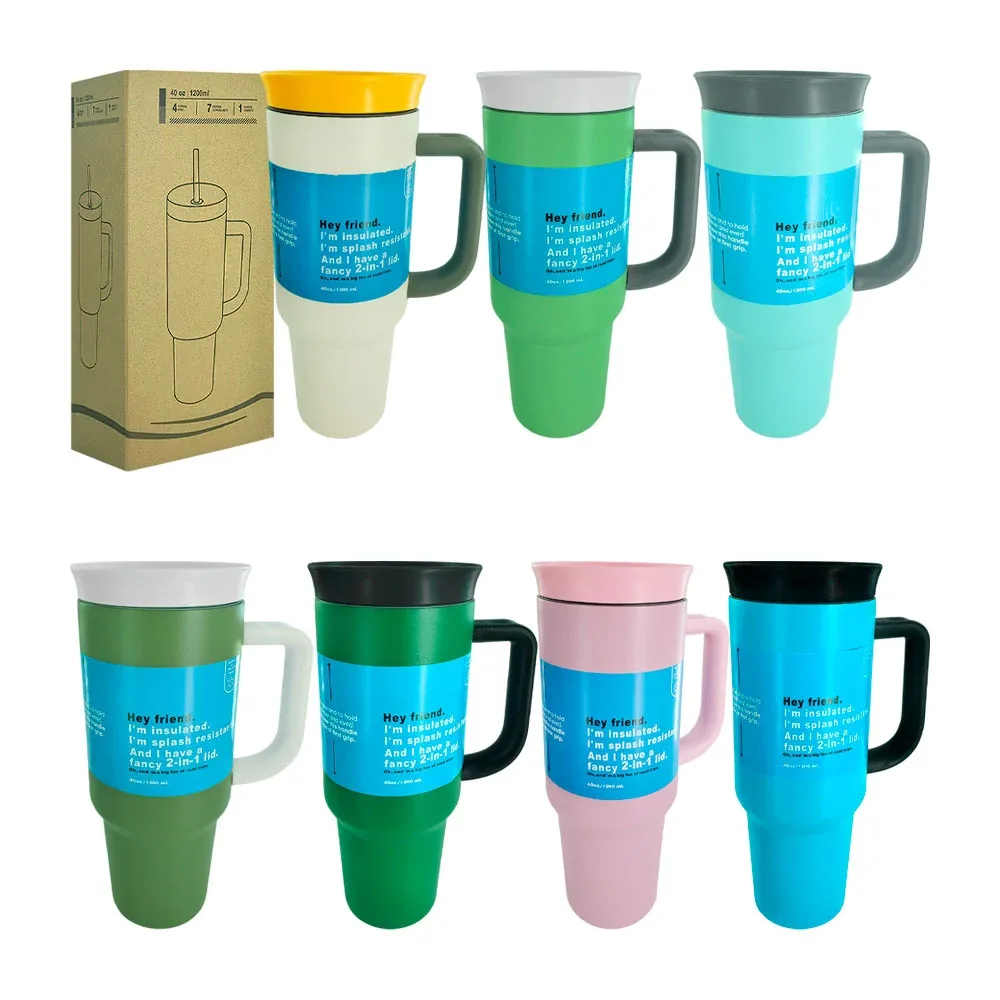 Vaso termo liso de 40oz con asa y tapadera multicolor + popote, variedad