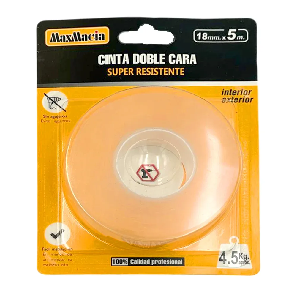 Cinta maxmacia doble cara transparente super resistente de 5m y 18mm de grosor / 11667