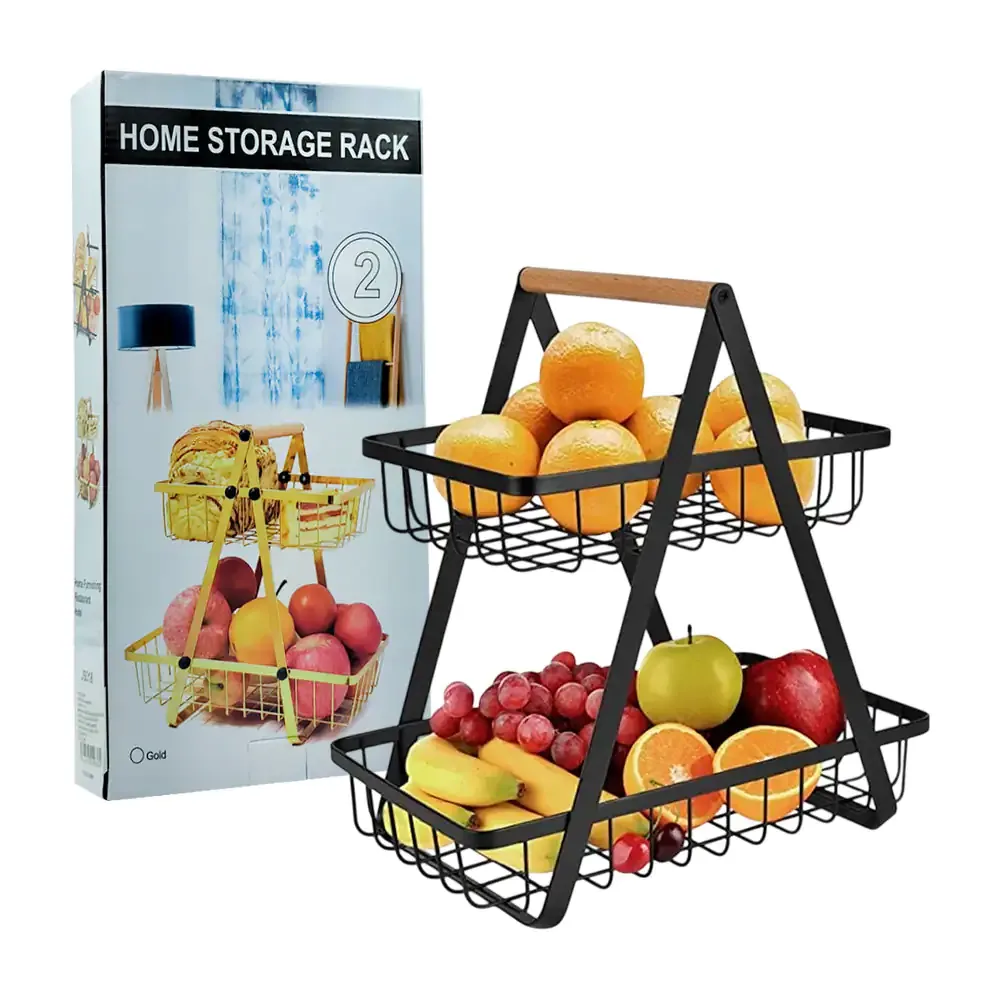 Organizador metálico de cocina frutero de 2 niveles, agarradera de madera