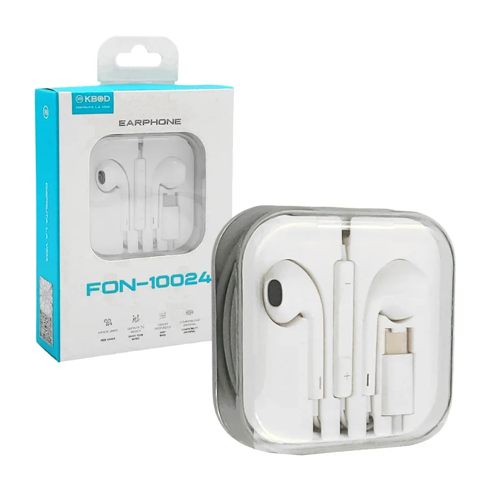 Audífonos alámbricos de tipo earphones, entrada usb c y botones de volumen