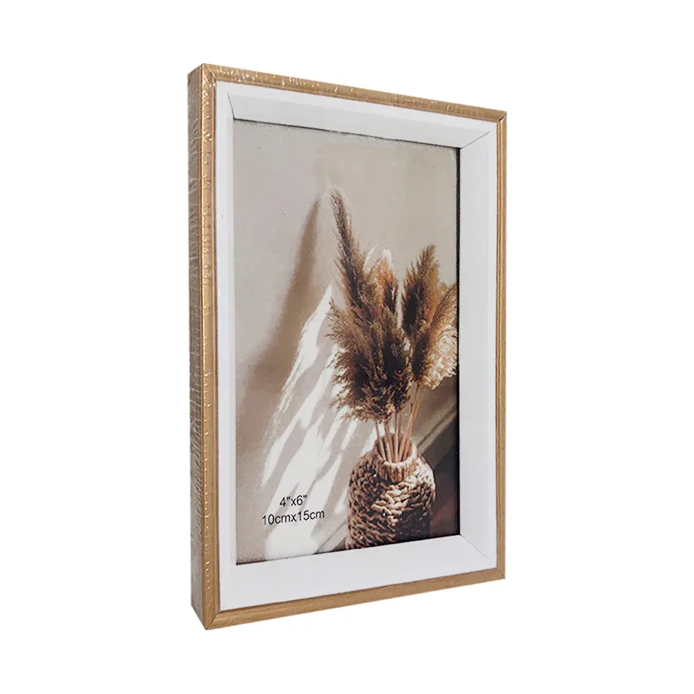 Portarretrato rectangular de madera con marco dorado + blanco de 10x15cm / ro-50111