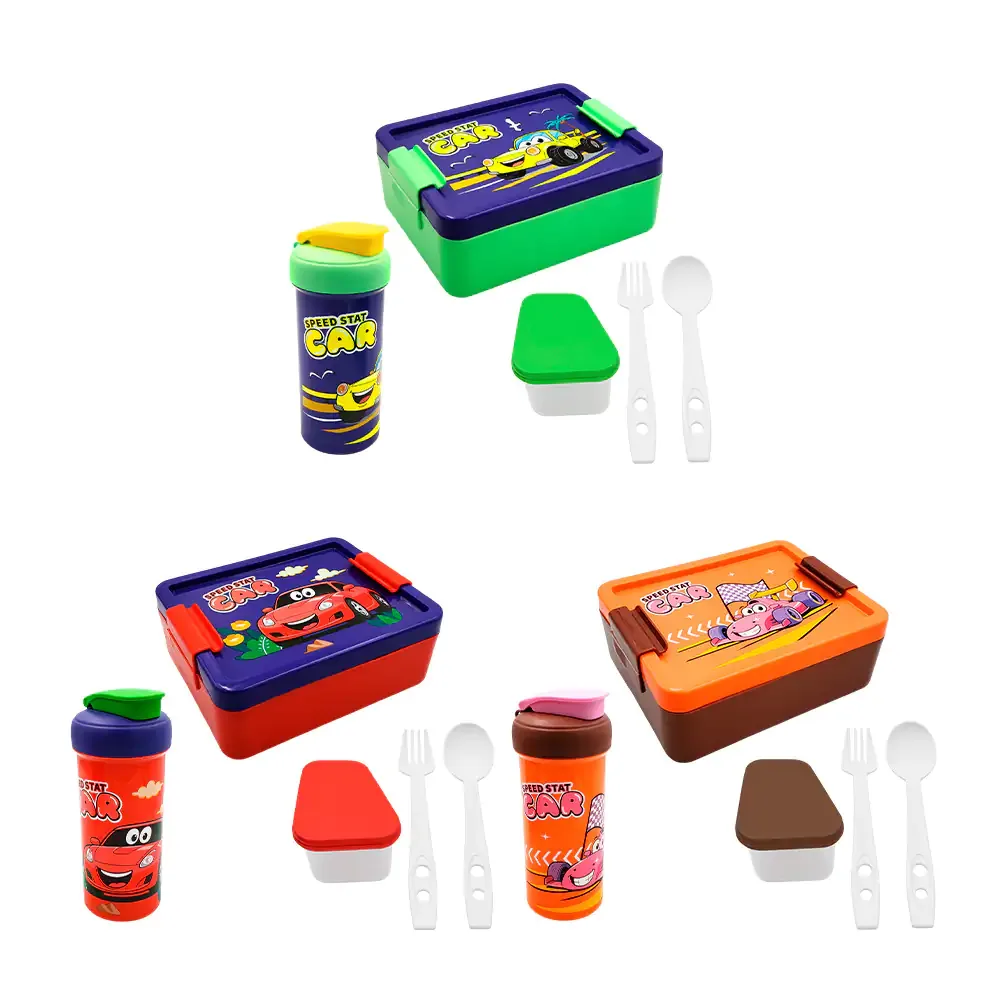 Juego de tupper con cubiertos + botella, estampado de carro, variedad de colores
