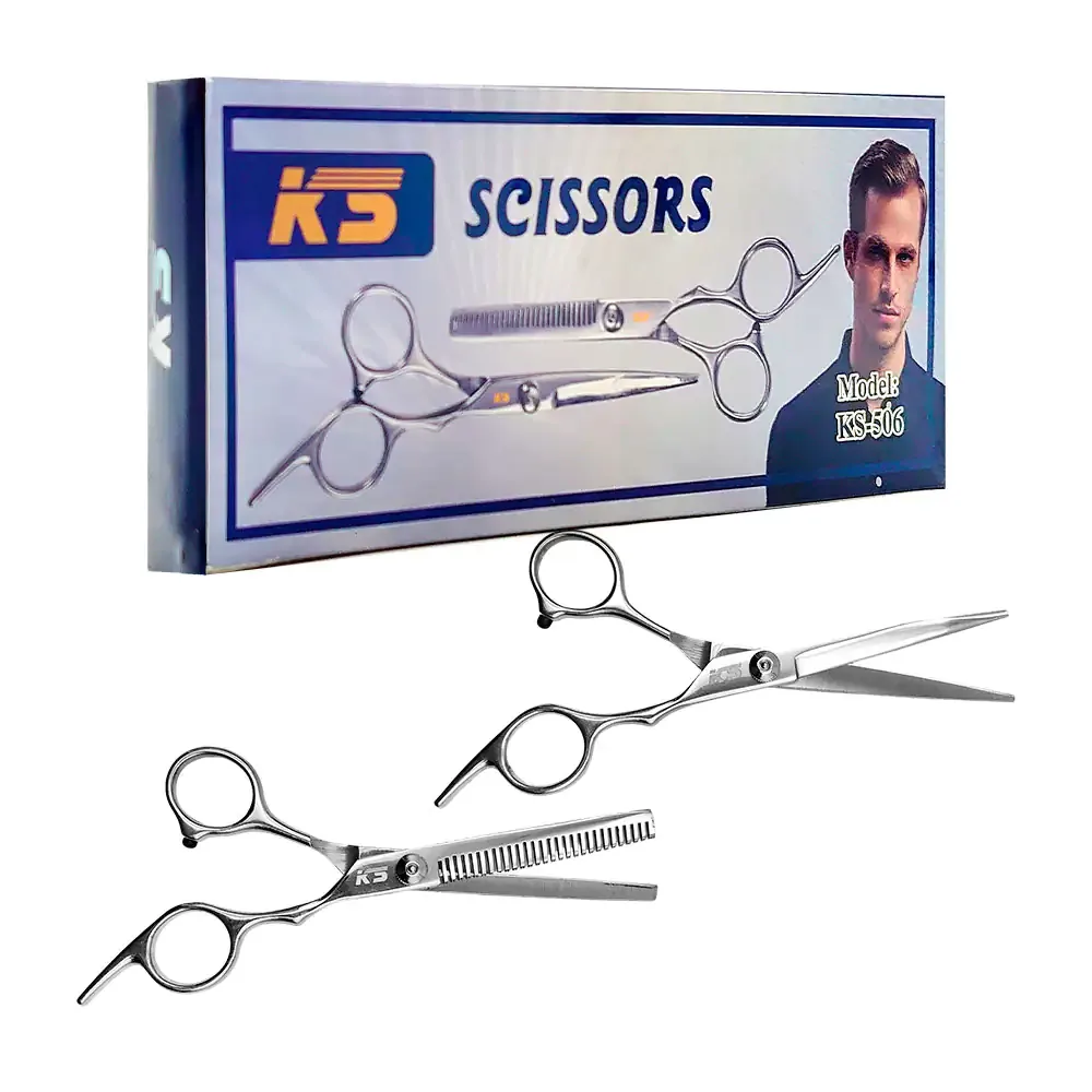 Paquete con tijeras profesionales ks metálicas para corte y degrafilado
