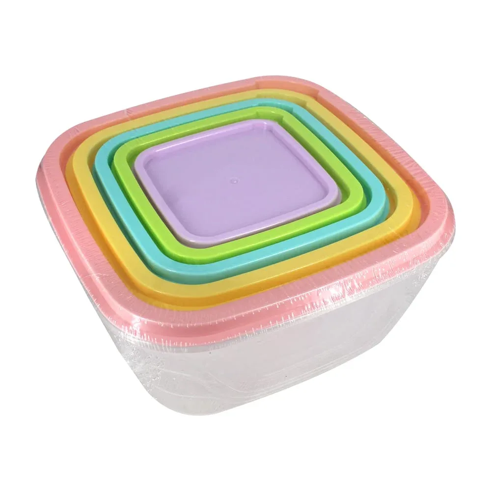 Juego con 5 tuppers recipientes cuadrados de plástico transparente y tapaderas, variedad de colores / 23-tp-12165