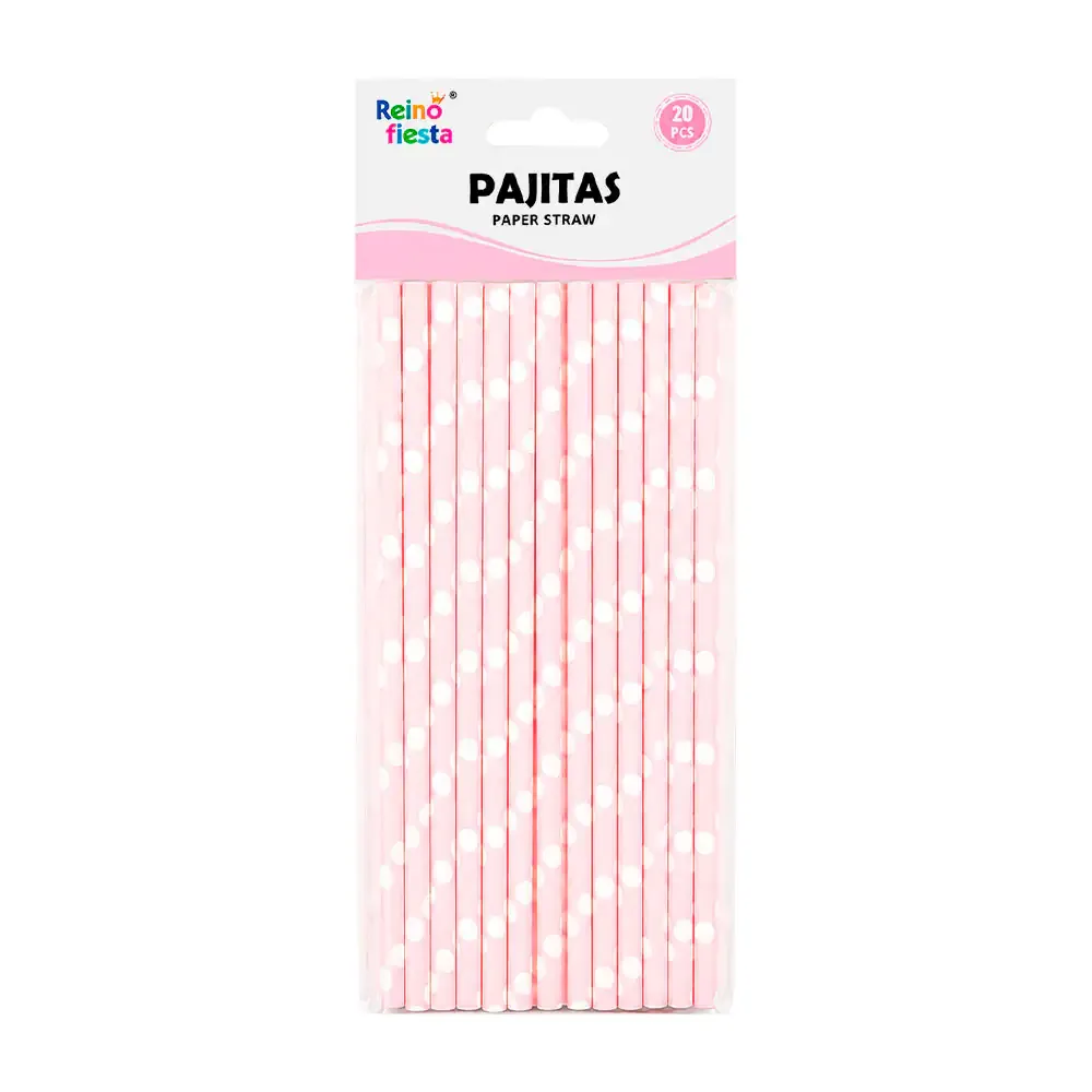 Paquete con 20 popotes de papel reino fiesta en color rosa con lunares blancos