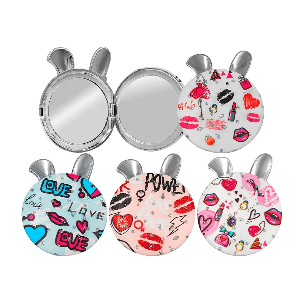 1pz espejo doble de bolsillo con orejitas de conejo y glitter, variedad / a23