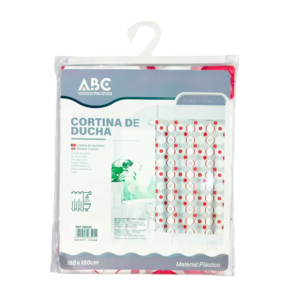 Cortina para baño de plástico resistente 180x180cm con 12 aros y diseño retro en blanco y rojo