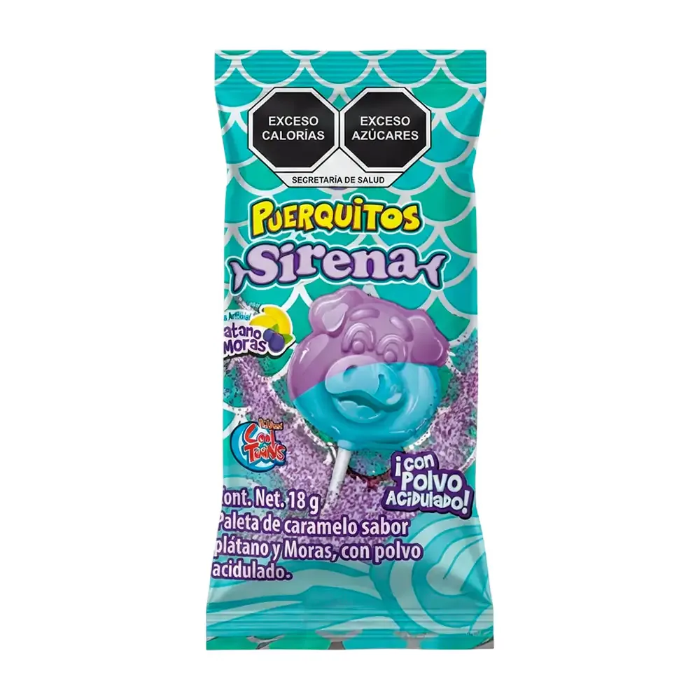 1pz paleta de caramelo, puerquito sirena sabor plátano y mora azul con polvo acidulado, 18g / 140201