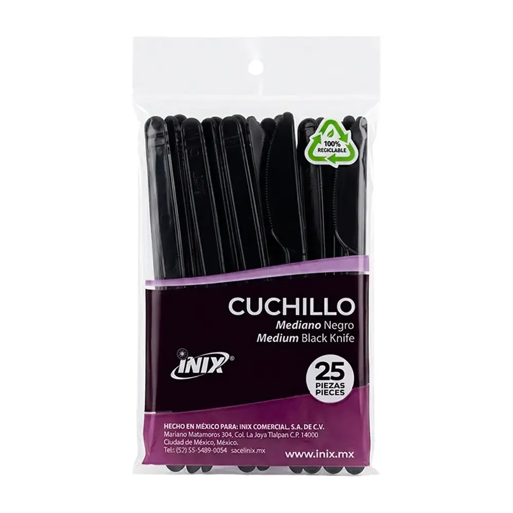 Paquete inix con 25 cuchillos medianos negros de plástico / 707678