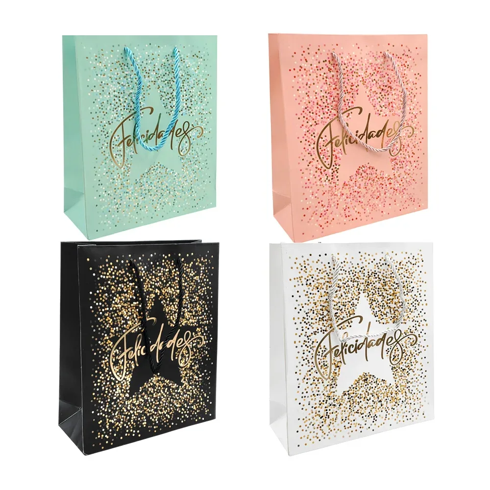 Bolsa de regalo 26x10x32cm, estampado ´felicidades´, efecto metálico, lunares