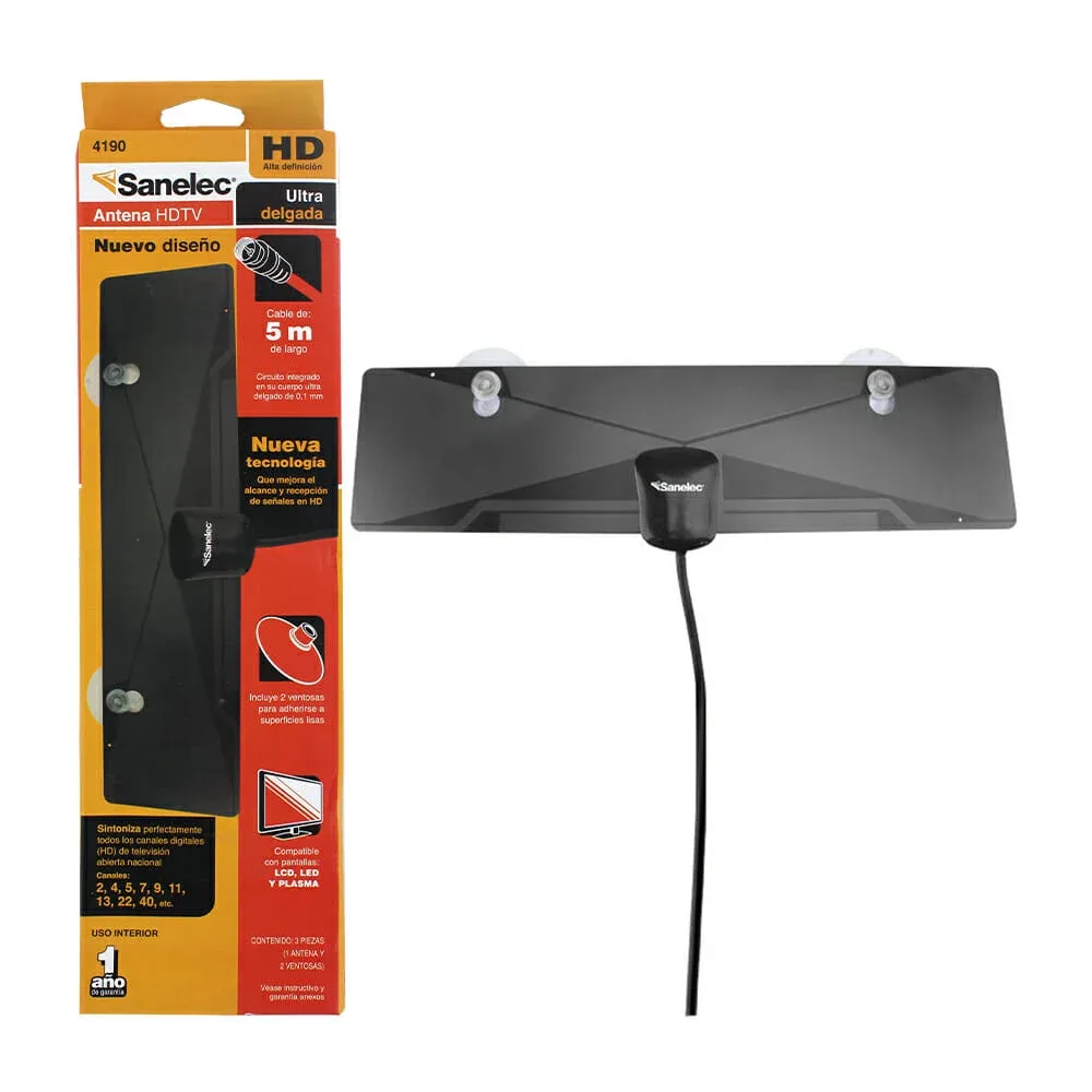 Antena coaxial alta definición hd sanelec con ventosas y cable de 5 metros / 4190