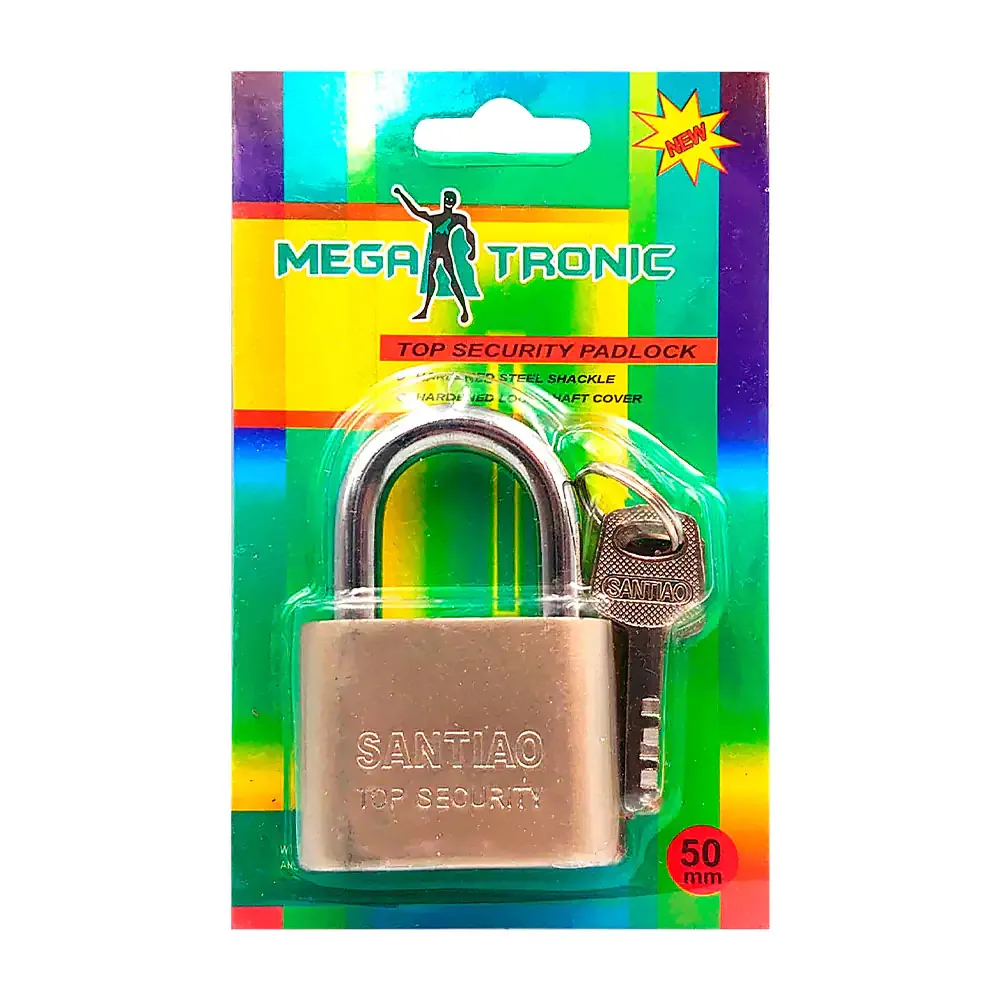 Candado satinado megatronic de gancho corto con juego de 3 llaves, 50mm