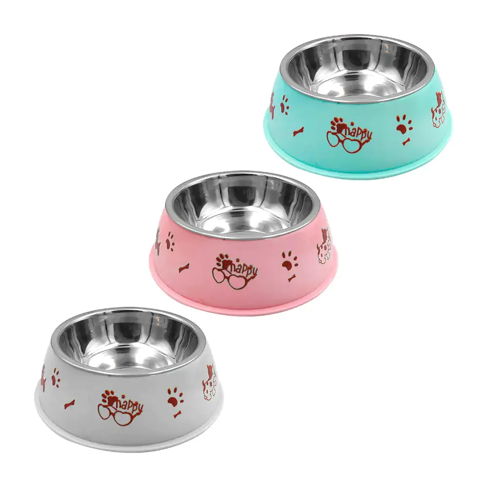 Tazón individual para mascota con plato metálico, estampado de perritos / 35242