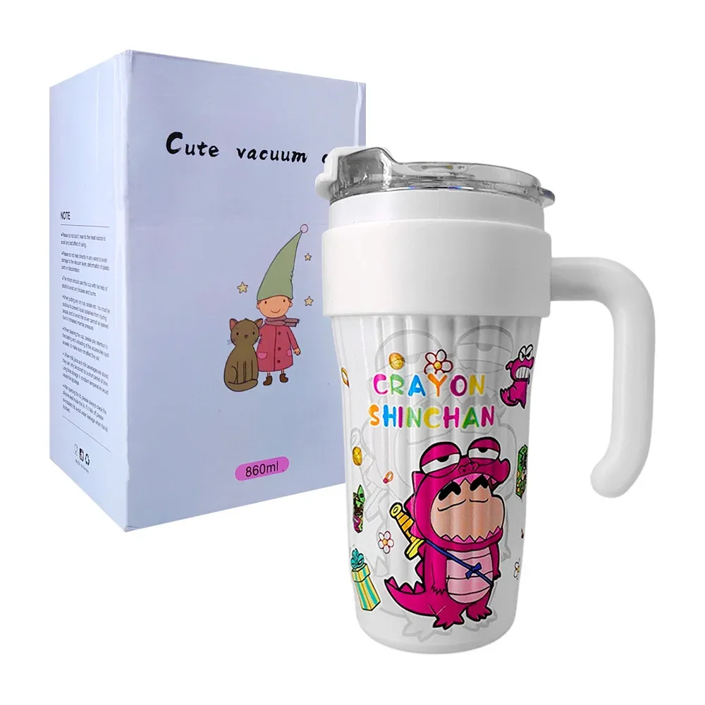 Termo de acero inoxidable con capacidad de 860ml, asa, y diseño crayon shin-chan + popote metálico / cute vacuum cup / a2616q