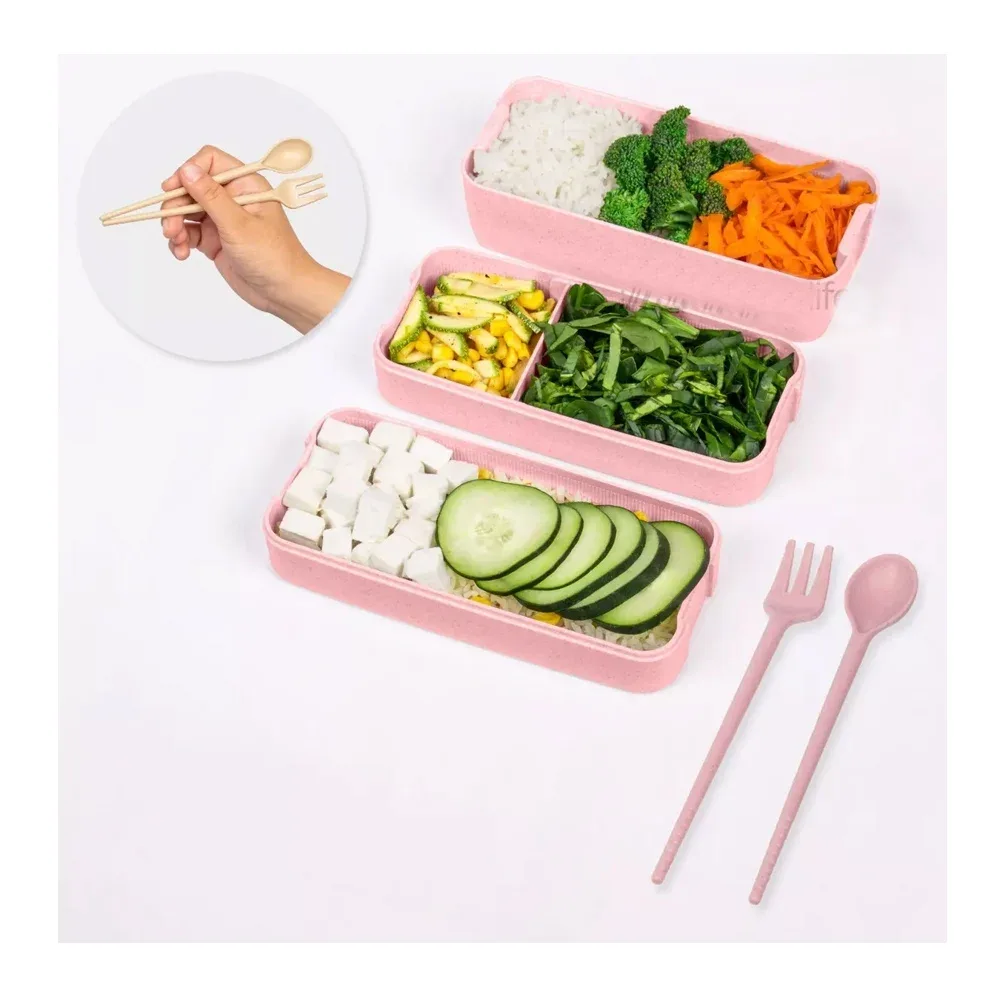 Tupper de plástico box lunch de 3 niveles, 2 cubiertos, capacidad para 900ml, variedad de colores / 23-fh-050