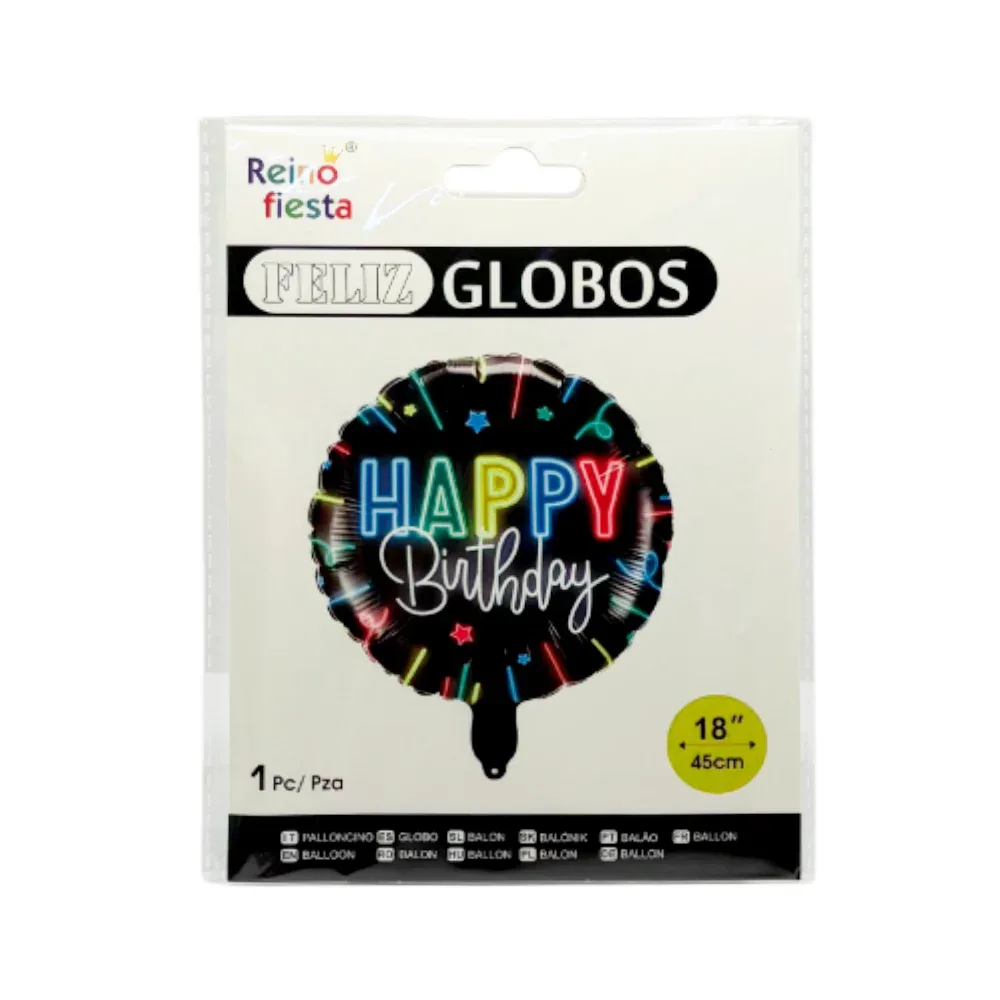 1pz globo redondo de happy birthday en tonos neón 18´-45cm / 61715
