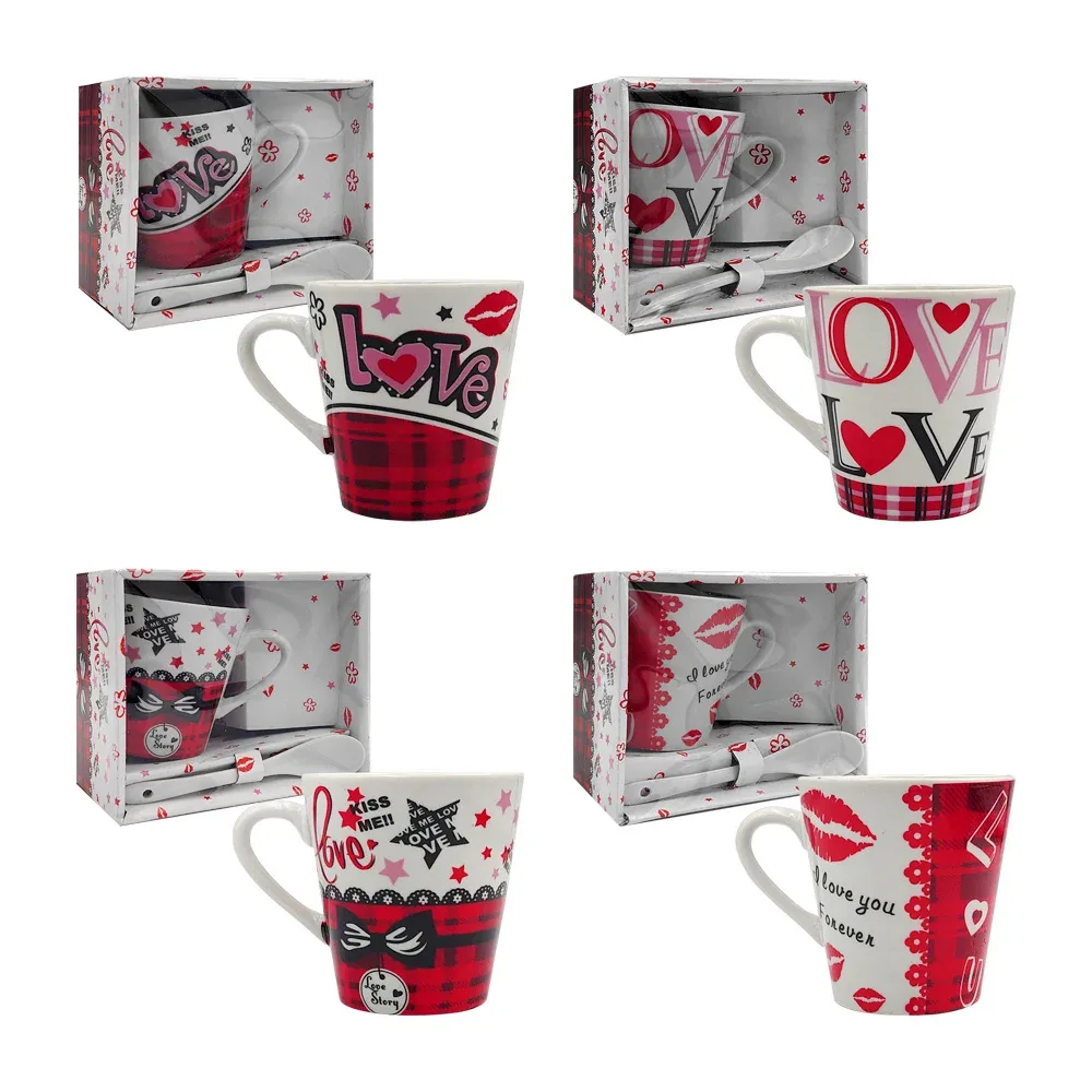 Juego con taza de cerámica cónica con tematica de san valentín + cuchara, variedad de modelos / 15236645b501