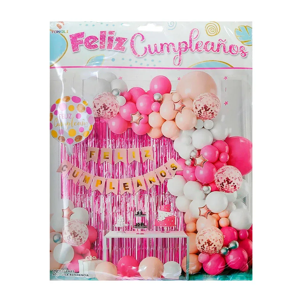 Kit decorativo de fiesta con 61 pcs y globos tonos rosas + cortina metálica