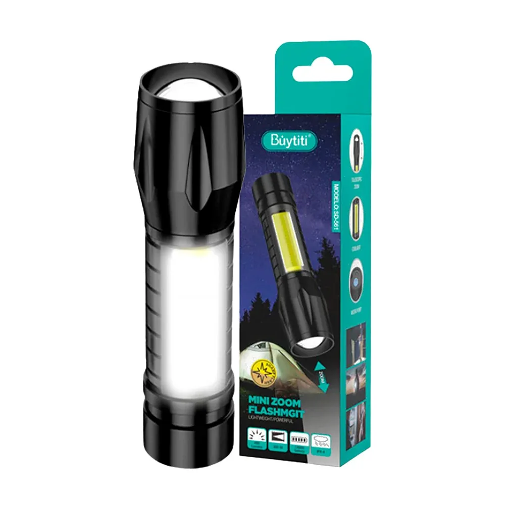 Mini linterna táctica recargable manual con luz lateral, cable usb, asa agarradera y apertura variable