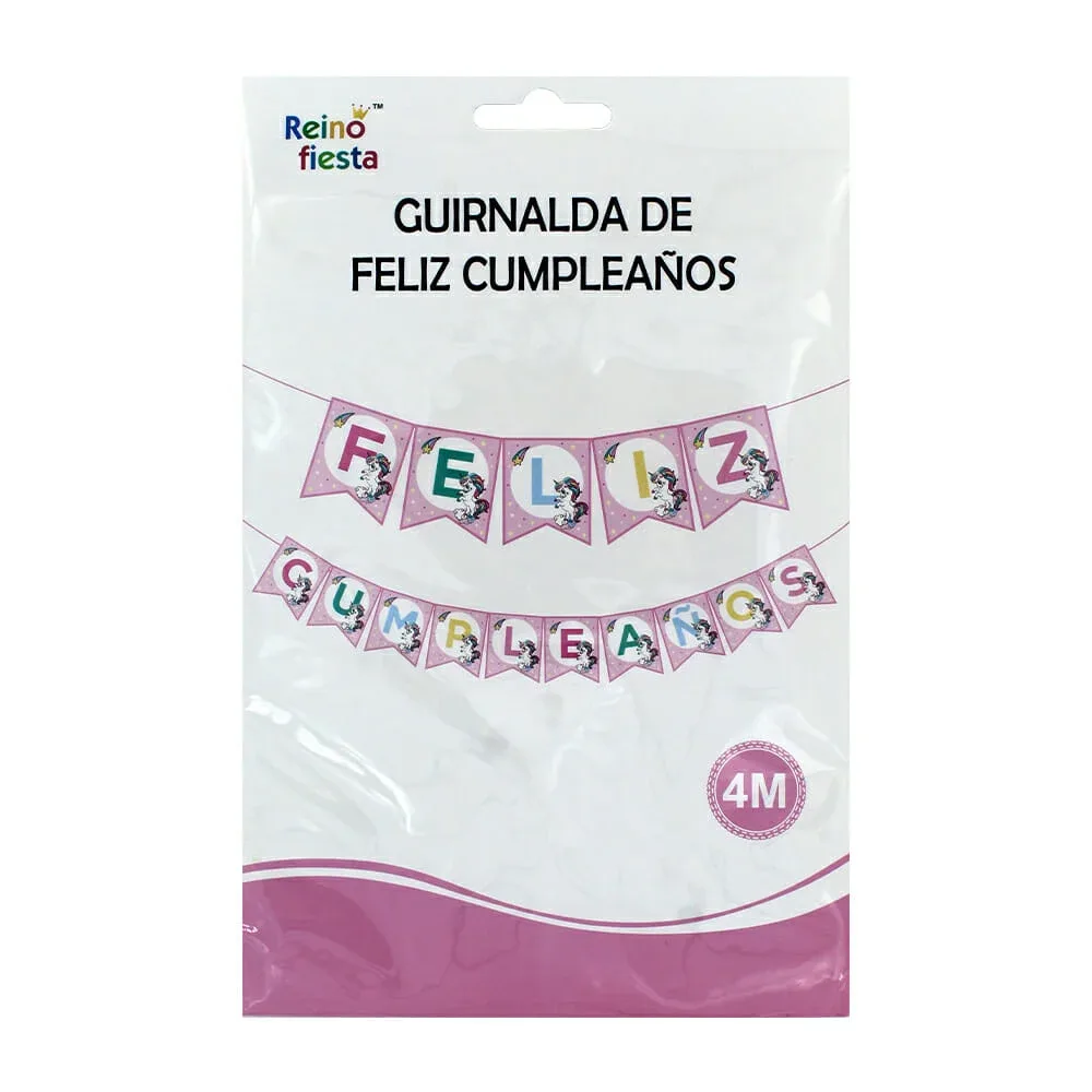 Guirnalda banner feliz cumpleaños reino fiesta de 4 metros con 15 piezas y diseño de unicornio / 50830
