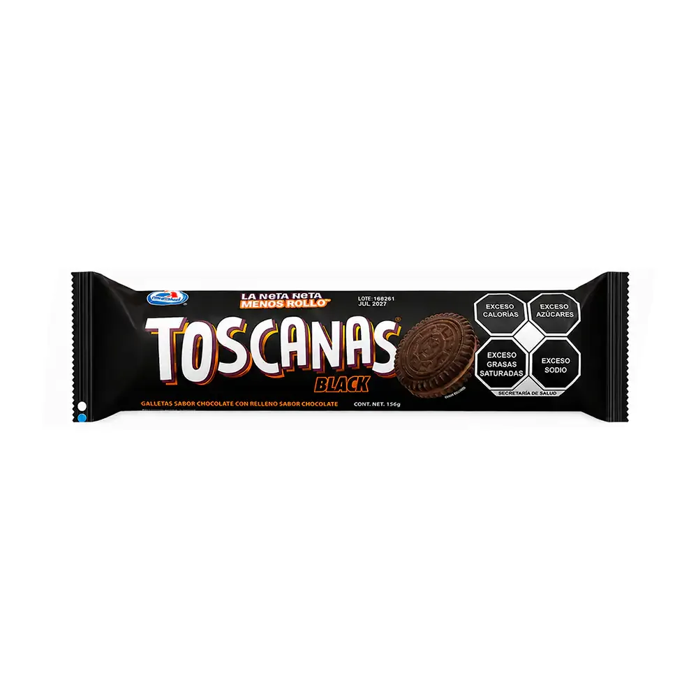 Paquete de galletas toscanas black, tipo sándwich galleta de chocolate rellena de chocolate, 156g