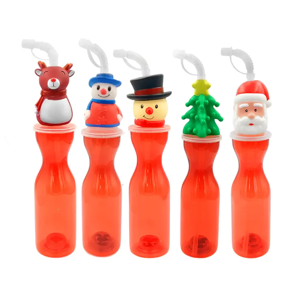 Botella de plástico con popote, figura navideña 3d en la tapa y luz rgb, variedad de diseños y colores