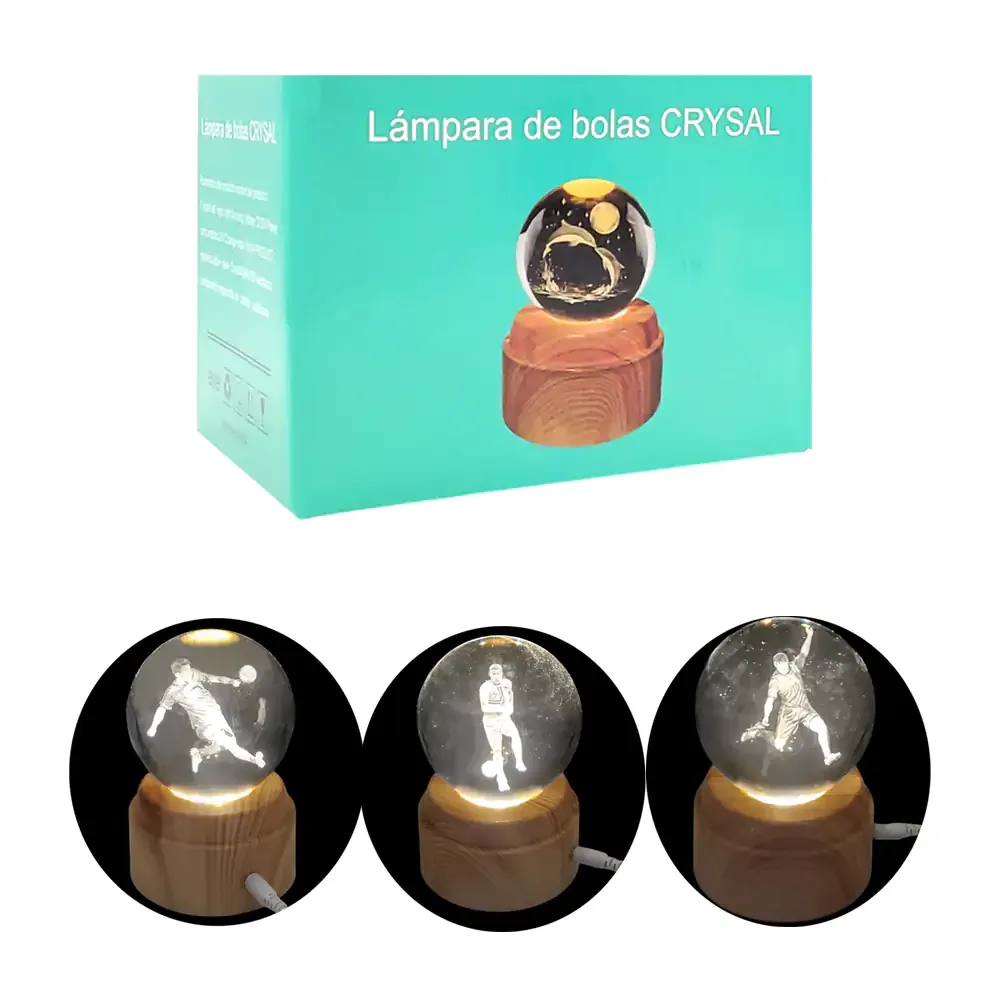 Lámpara usb en forma de esfera de 8cm, grabado 3d de futbolista + base giratoria
