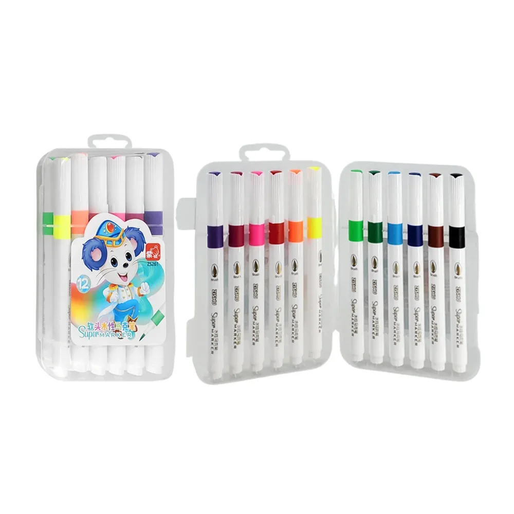 Estuche con 12 plumones infantiles super marker de punta fina, variedad