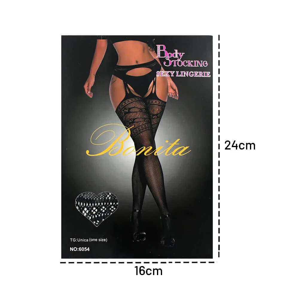 Lencería color negro para dama, malla pantimedia de red y liguero con diseño / bonita / 6054
