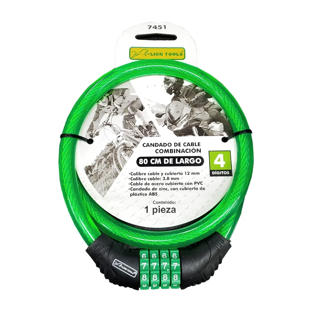 Candado para motocicleta o bicicleta con combinación de 4 dígitos y cable con cubierta pvc, 80cm de largo / 7451