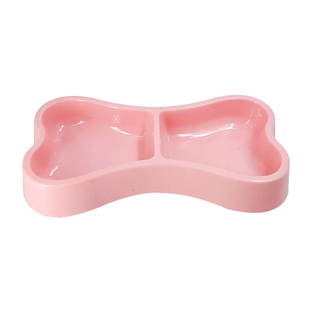 Plato de plástico para mascotas con doble espacio, en forma de hueso y en variedad de colores / 18-0005