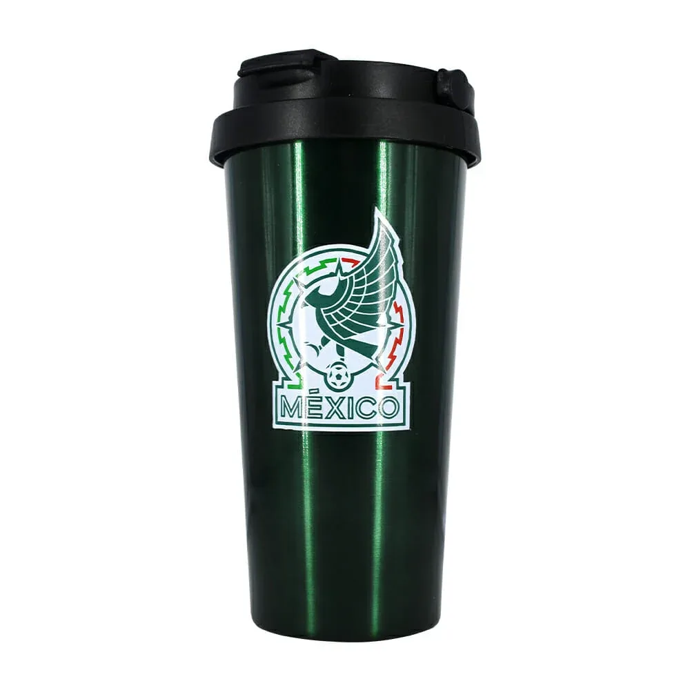 Termo liso metálico con tapadera de plástico y diseño de la selección mexicana / bz145