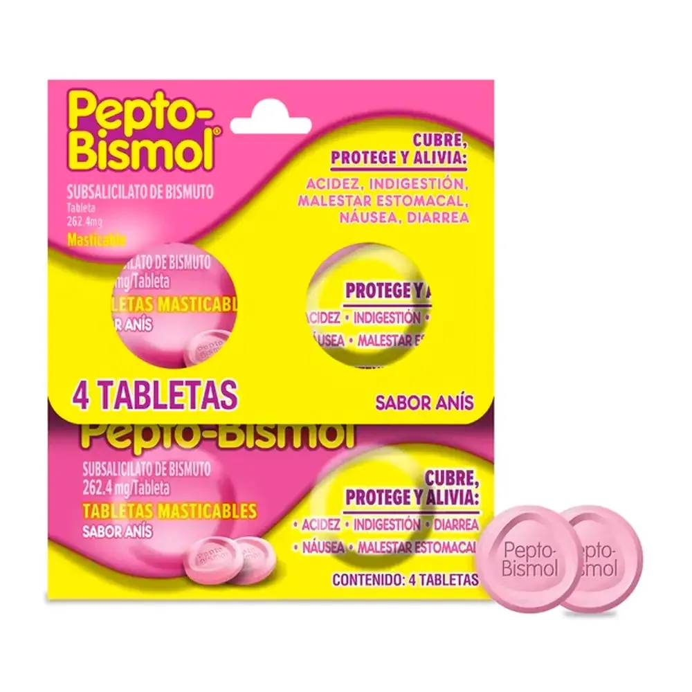 Sobre con 4 tabletas pepto-bismol masticable sabor anís, 262.4mg