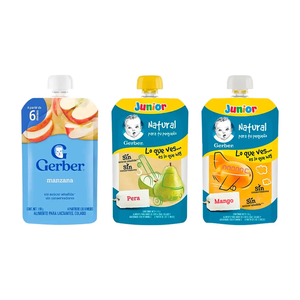 Sobre con alimento para bebe - papilla gerber junior con sabor a frutas, 110g, variedad de sabores