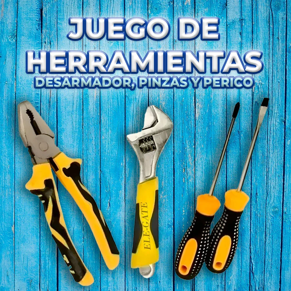 Kit de herramientas con llave perica, pinzas, desarmador de cruz y plano / family tools