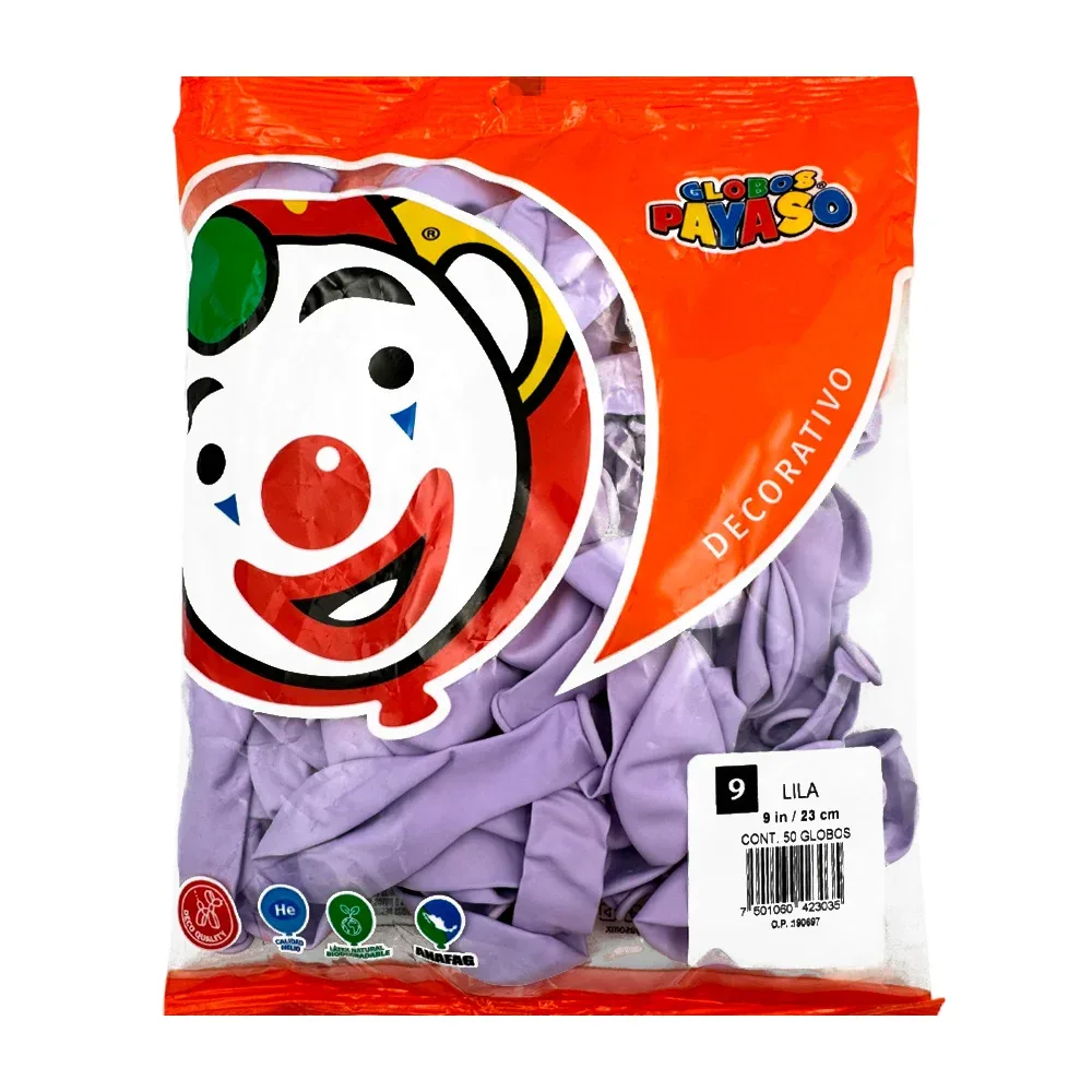Paquete de 50 globos payaso en tono lila pastel de 9 in - 23 cm / 423035