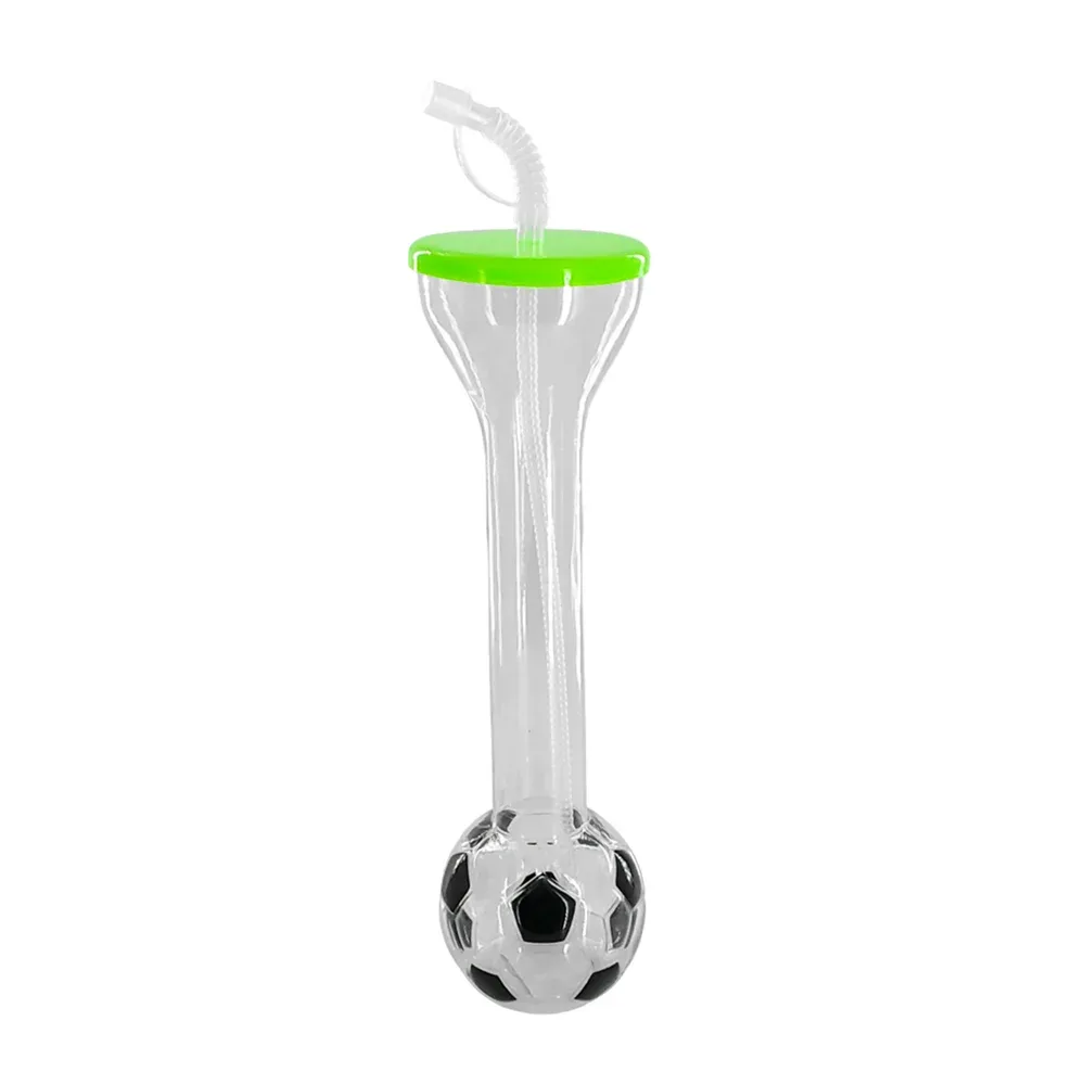 Vaso botella de plástico, alargado con base de balón de fútbol + popote, 600ml