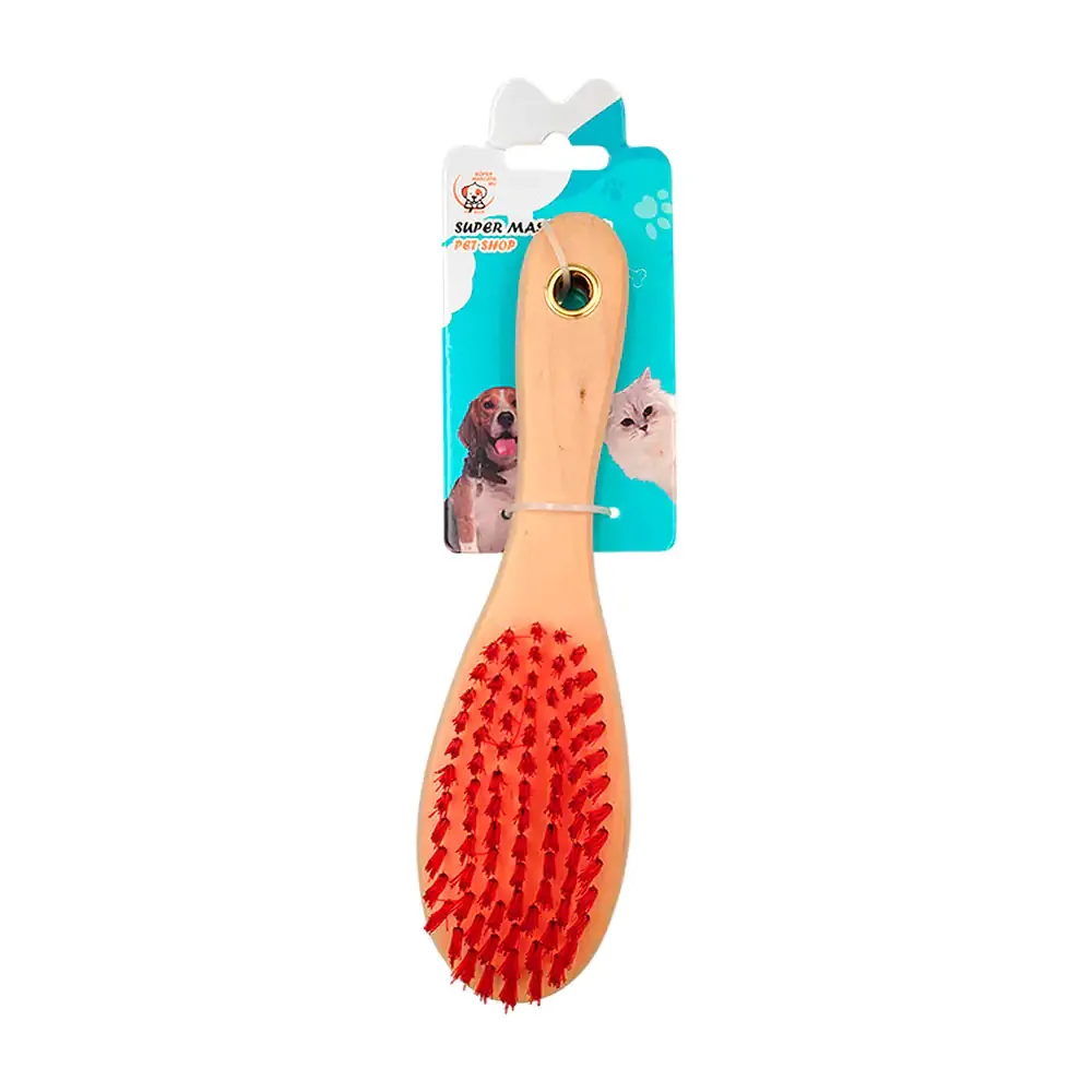 Cepillo doble de madera para mascota con cerdas suaves en color rojo y negro