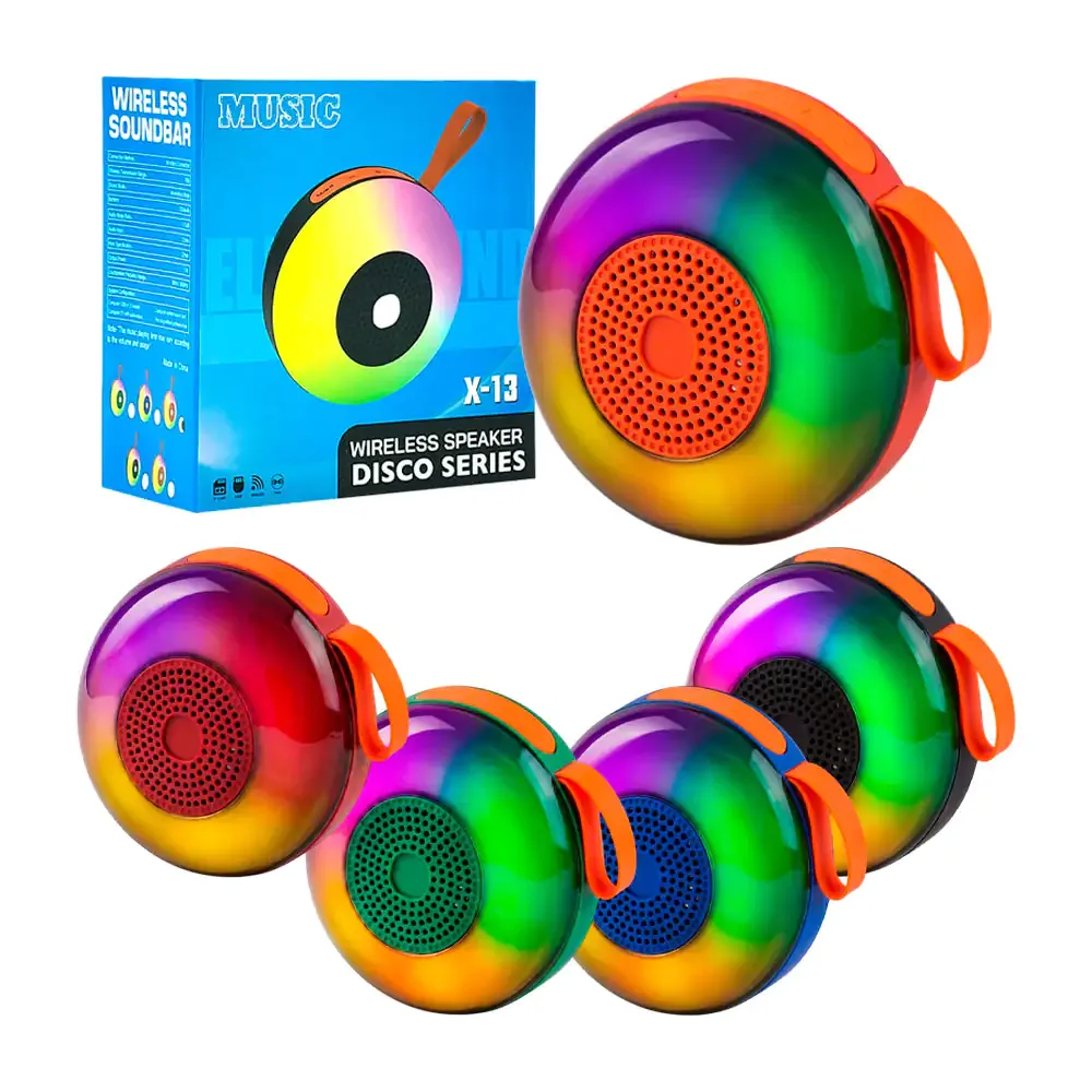 Bocina redonda portátil bluetooth con asa + luz rgb, variedad de colores / x-13